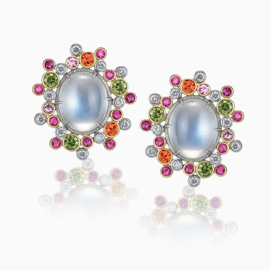 Moonstone, Sapphire, Garnet, Diamond Gold & Platinum Earrings
