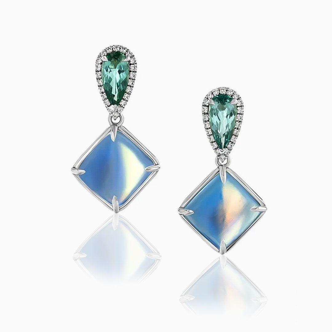 Moonstone & Mint Tourmaline White Gold Earrings