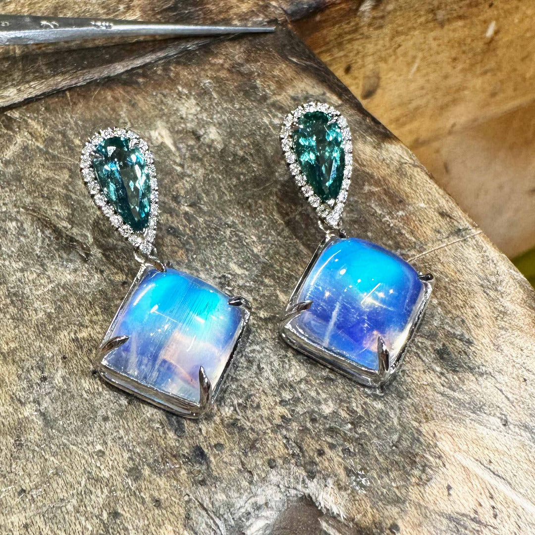 Moonstone & Tourmaline White Gold Earrings