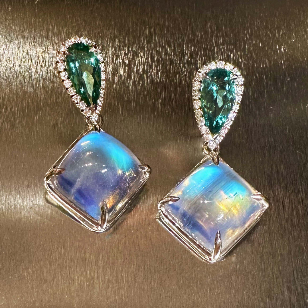Moonstone & Tourmaline White Gold Earrings