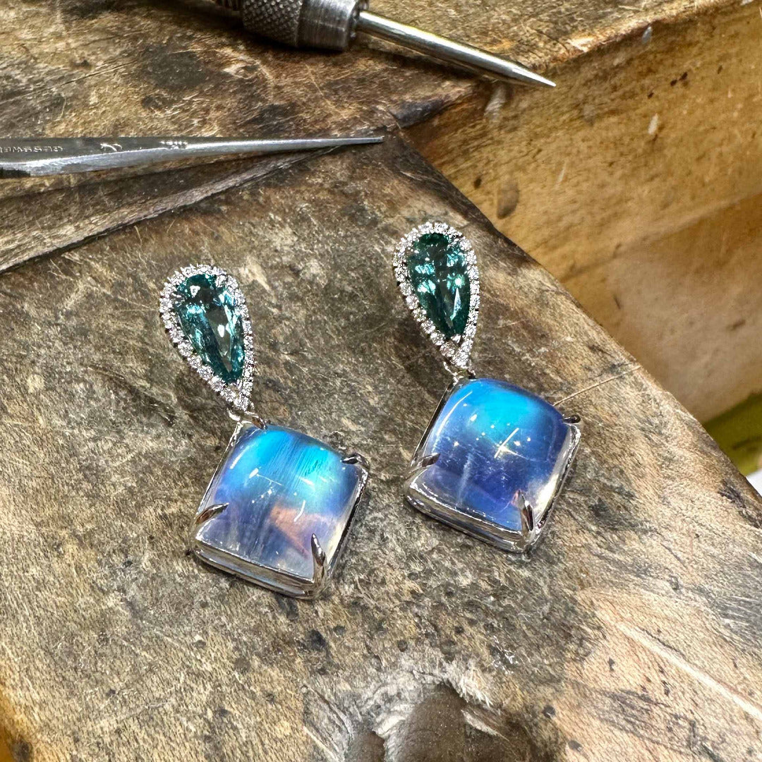 Moonstone & Tourmaline White Gold Earrings