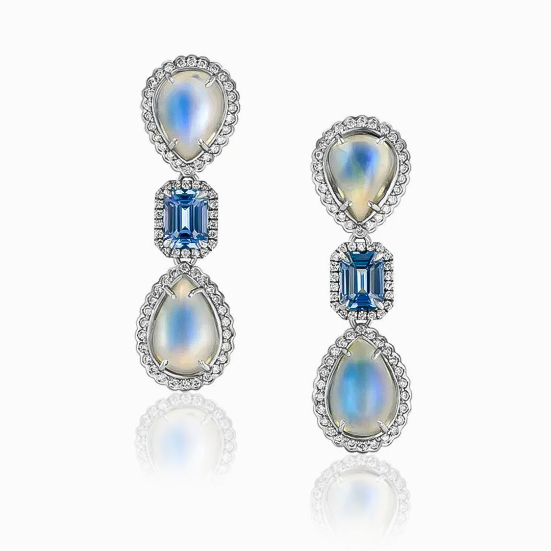 Moonstone, Sapphire & Diamond Gold Earrings