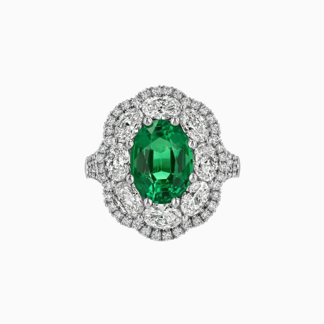 Zambian Oval Emerald & Diamond Platinum Ring
