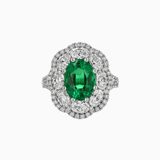 Zambian Oval Emerald & Diamond Platinum Ring