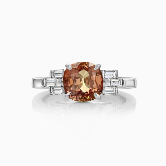 Padparadscha Sapphire Diamond Platinum Ring on a white background