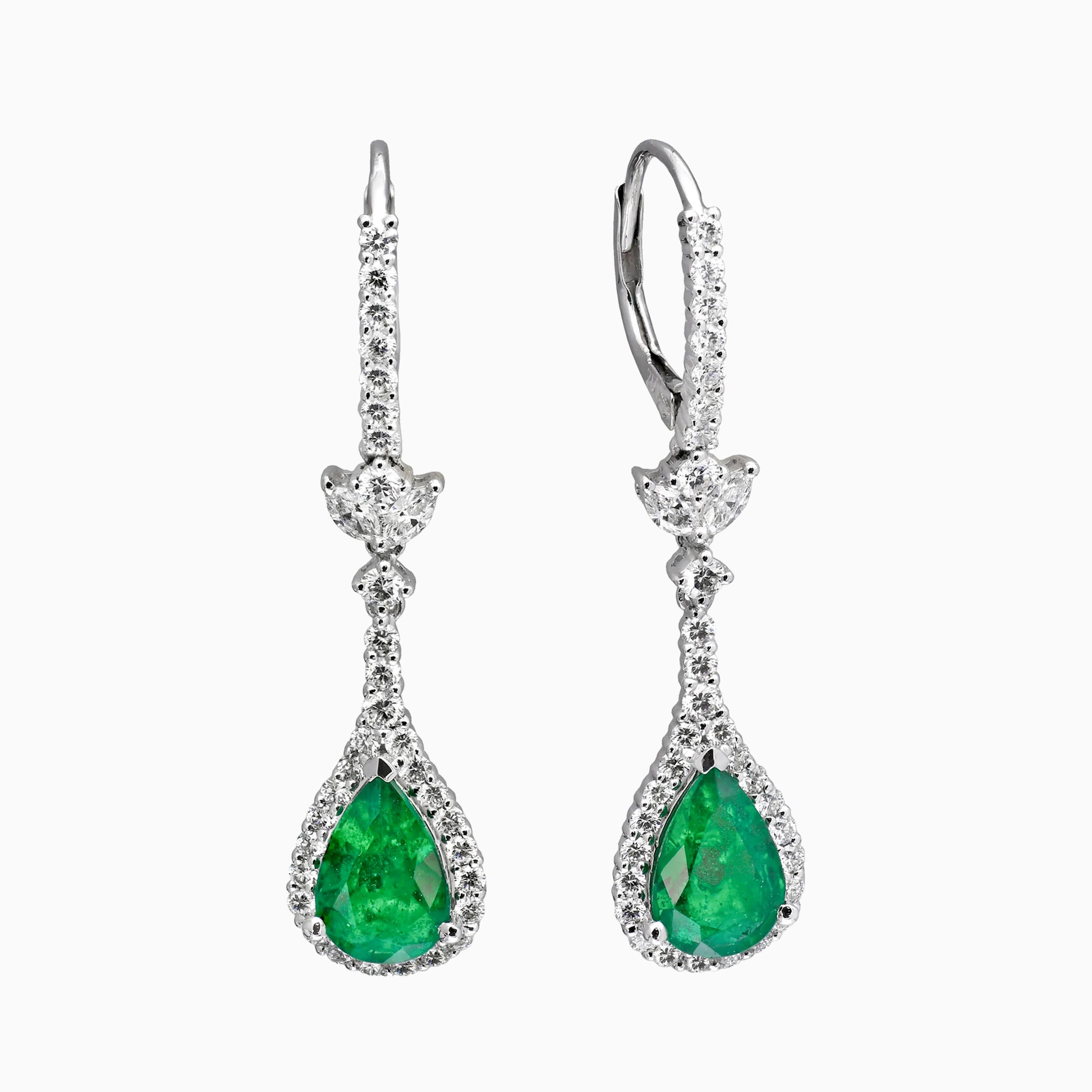 Pair of Zambian Emerald & Diamond Drop Earrings on a white background 