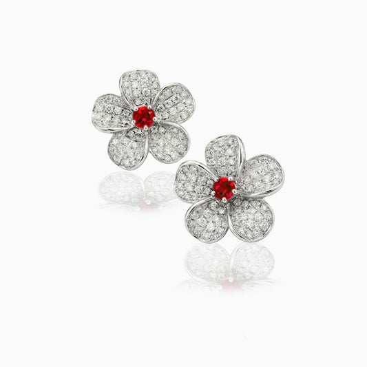 Ruby & Pave Diamonds White Gold Stud Earrings