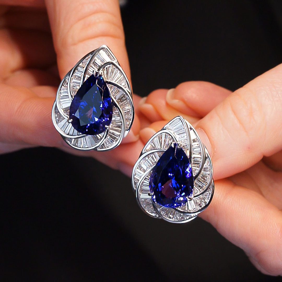 21 Carat Pear Shape Tanzanite & Diamonds Earrings