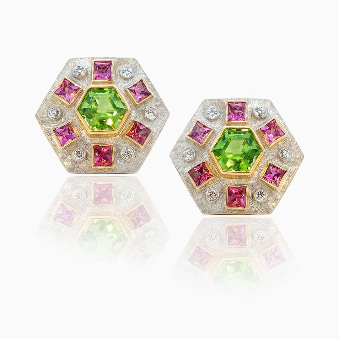 Peridot & Pink Spinel Platinum Earrings