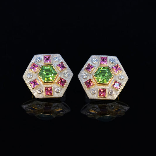 Peridot & Pink Spinel Platinum Earrings