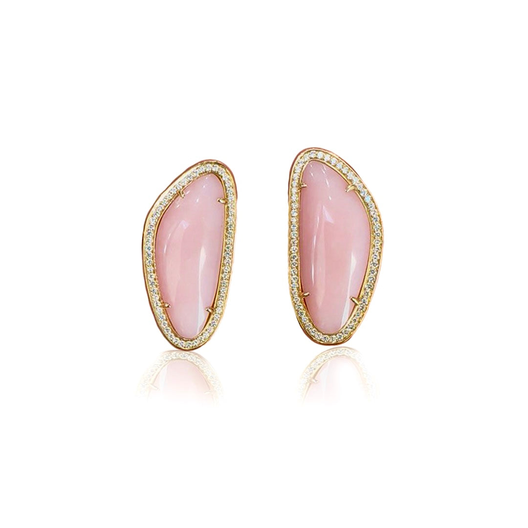 Pink Opal & Diamonds Yellow Gold Earrings
