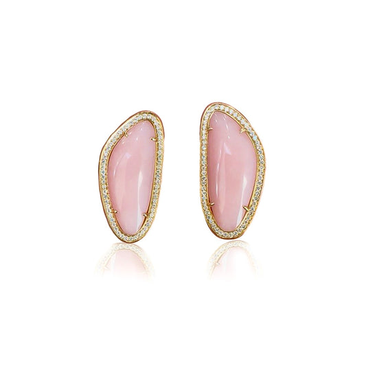 Pink Opal & Diamonds Yellow Gold Earrings