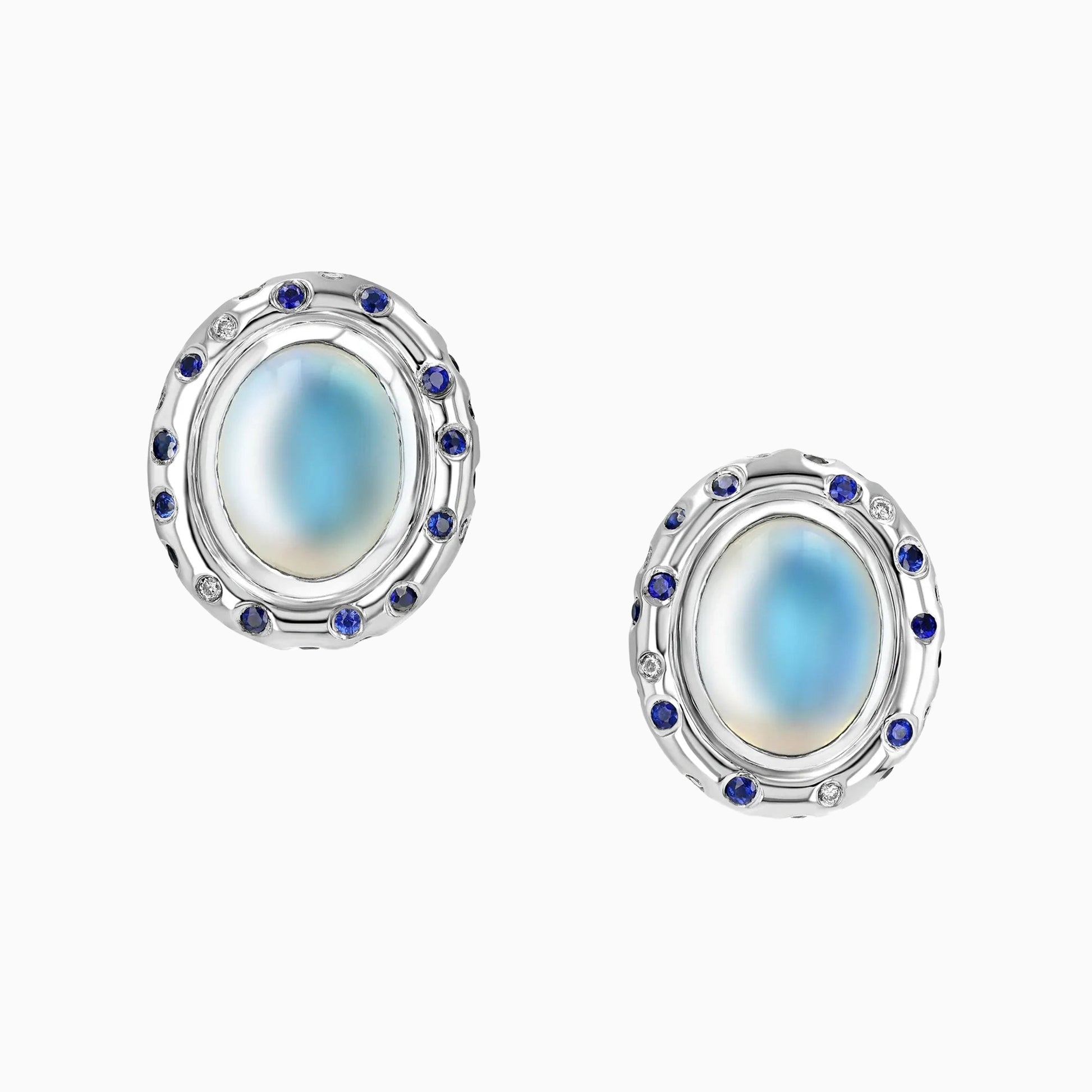 Moonstone Sapphire & Diamonds Gold Earrings on a white background