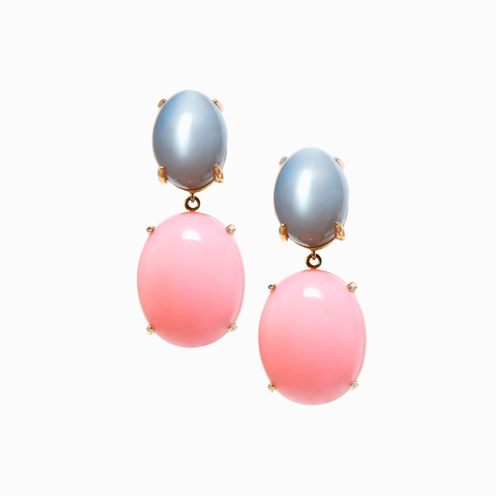 Pink Opal & Grey Moonstone Yellow Gold Earrings on a white background 