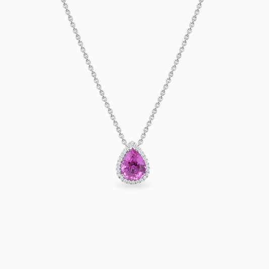 Pink Sapphire Halo Diamond White Gold Pendant on a white background