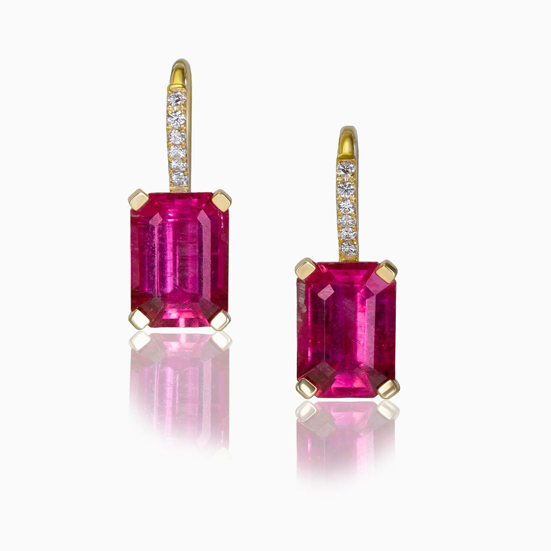 Pink Tourmaline & Diamonds Yellow Gold Earrings