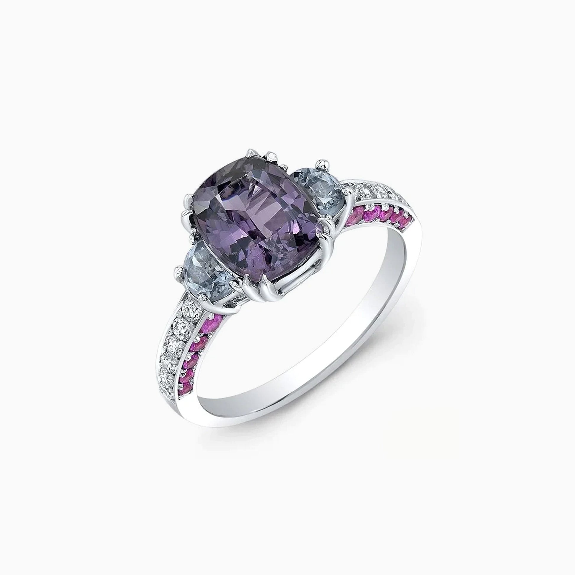 Purple Spinel & Pink Sapphires White Gold Ring on a white background