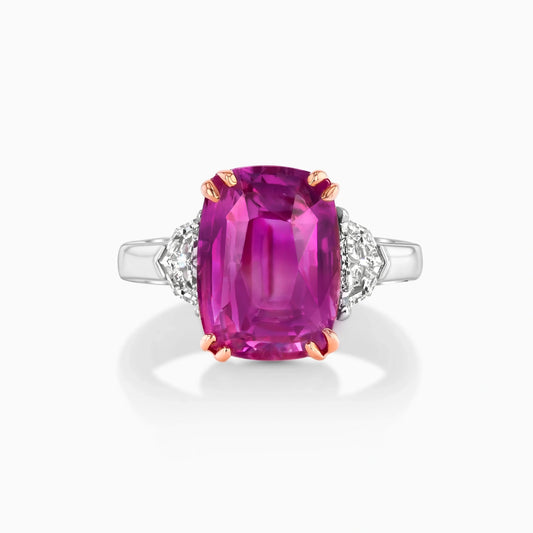 Raspberry Pink Sapphire and Diamonds Platinum Ring on a white background