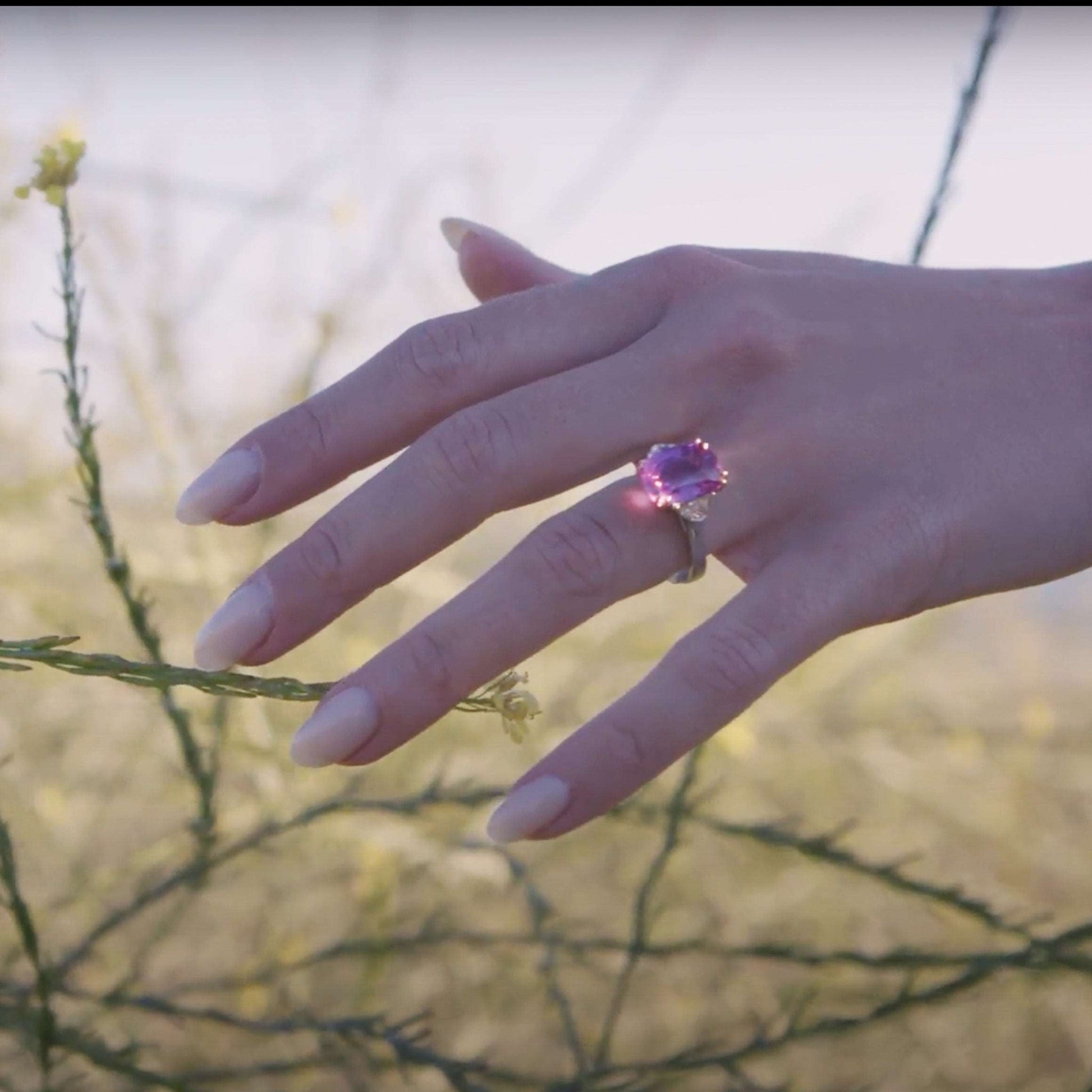 Model Wearing Raspberry Pink Sapphire and Diamonds Platinum Ring 