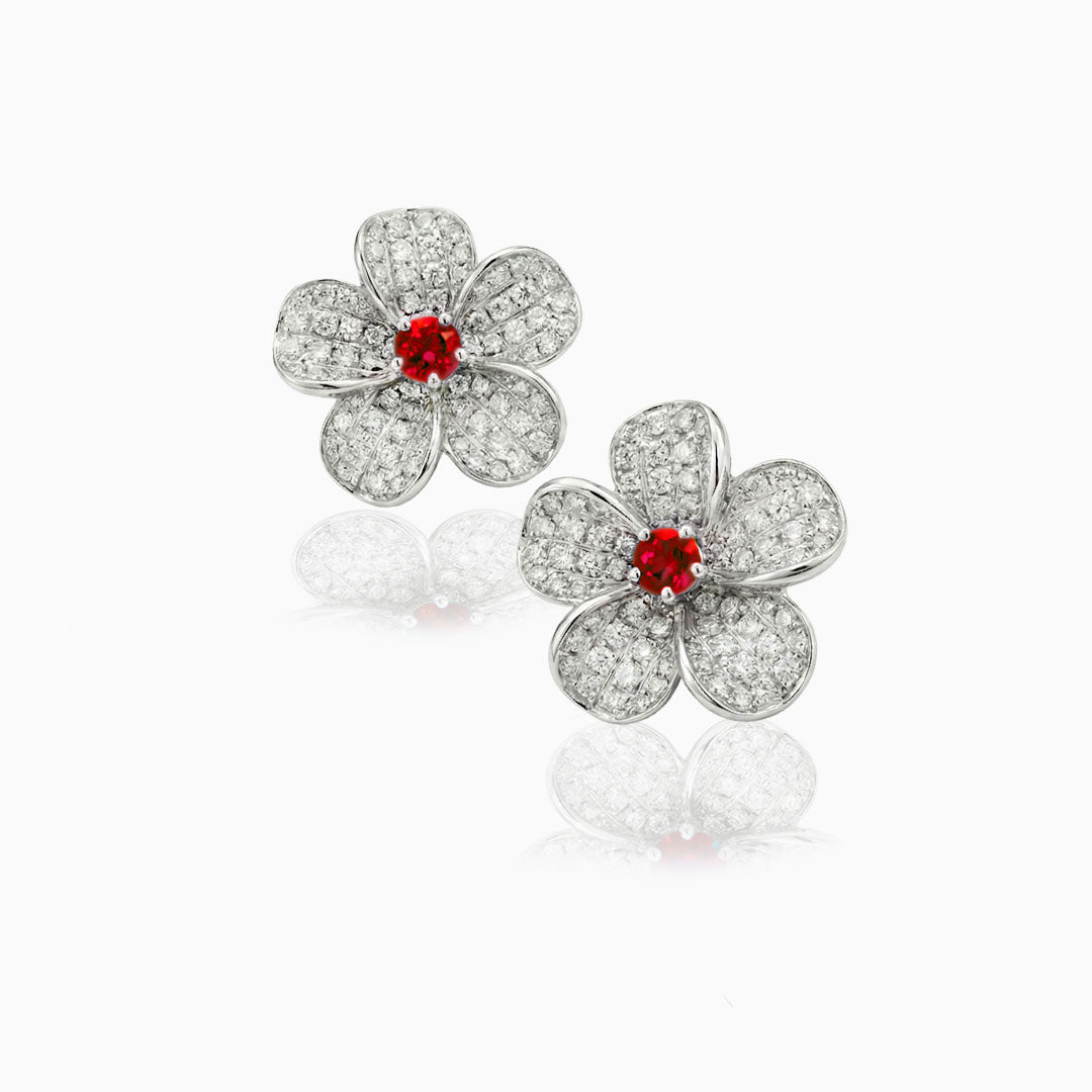 Ruby & Pave Diamonds White Gold Stud Earrings