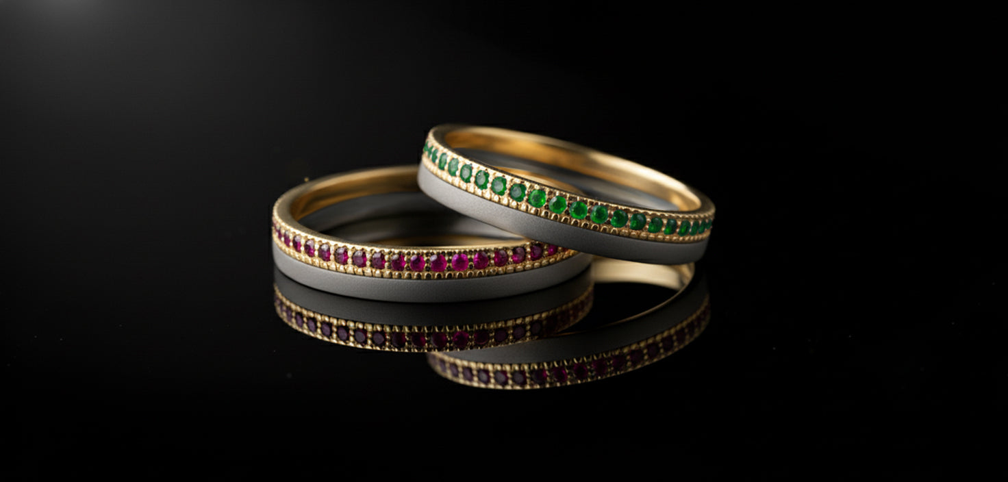 Titanium & Yellow Gold Emearld Band