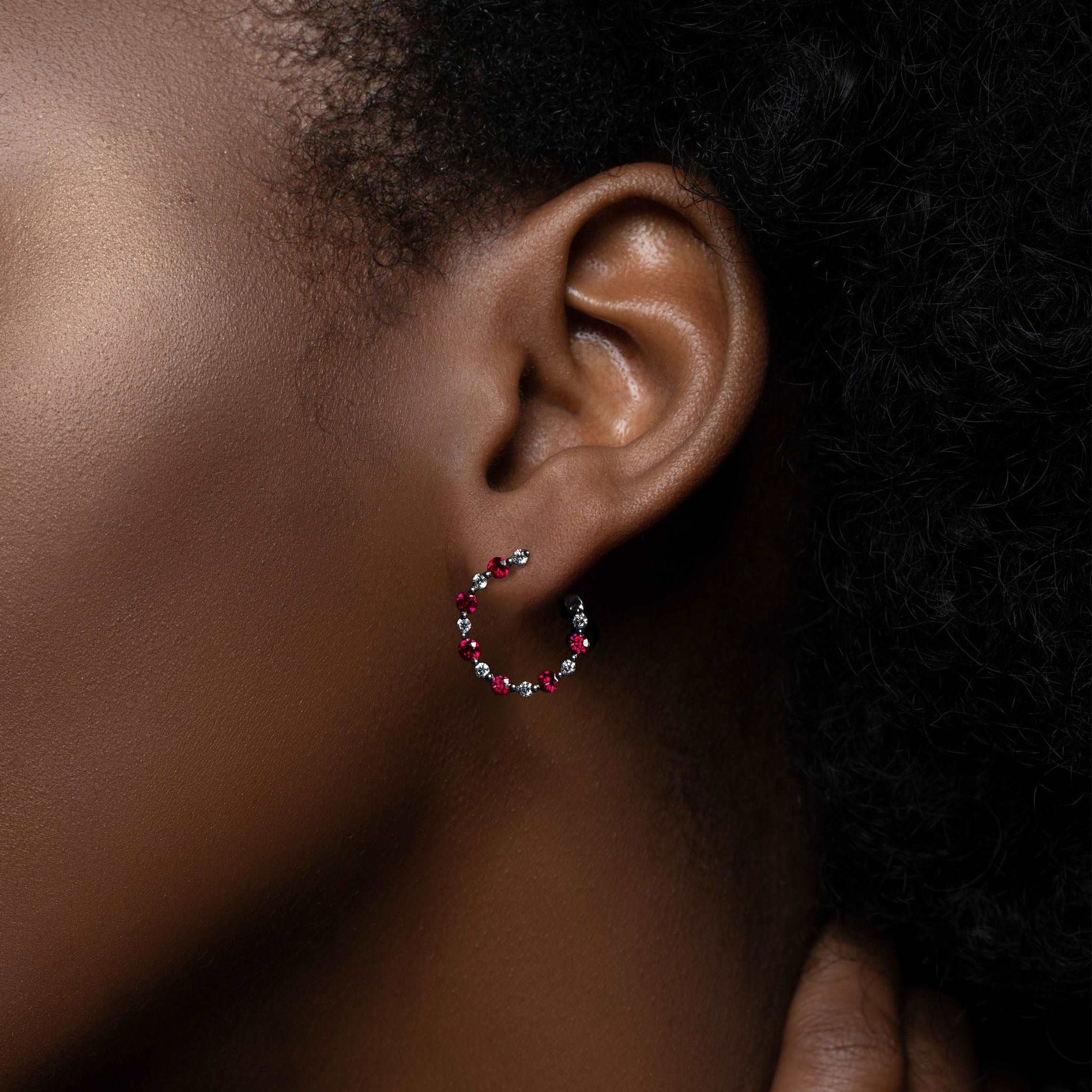 Model Wearing Ruby & Diamond Round Hoop Earrings