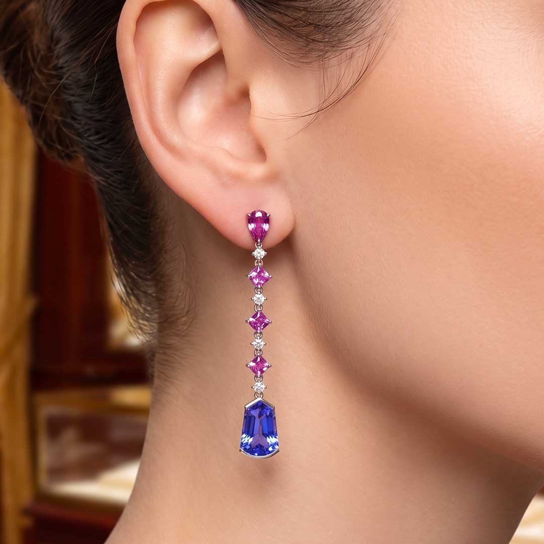 Tanzanite, Pink Sapphire & Diamond White Gold Earrings