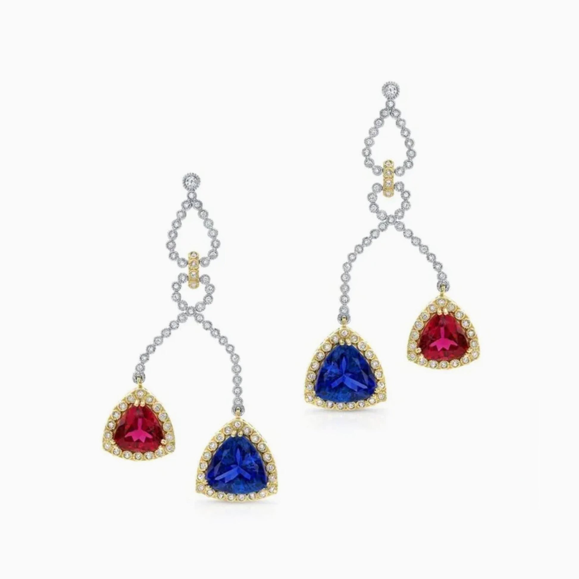 Tanzanite & Rubellite Gold Earrings on a white background