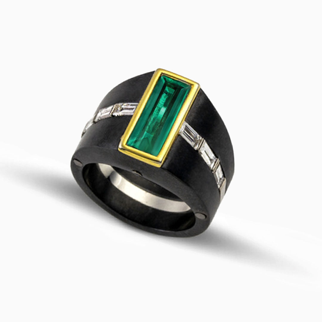 Titanium Emerald & Diamonds Ring