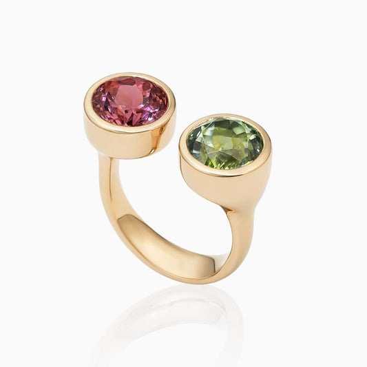 Toi et Moi Pink & Green Tourmaline Yellow Gold Ring