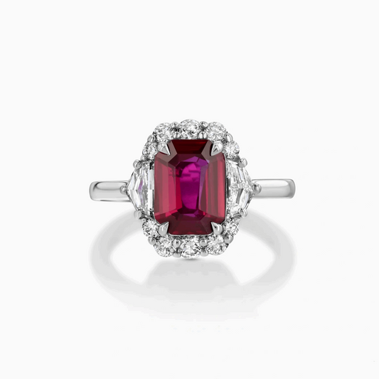 Unheated Mozambique Ruby & Diamond Platinum Ring on a white background