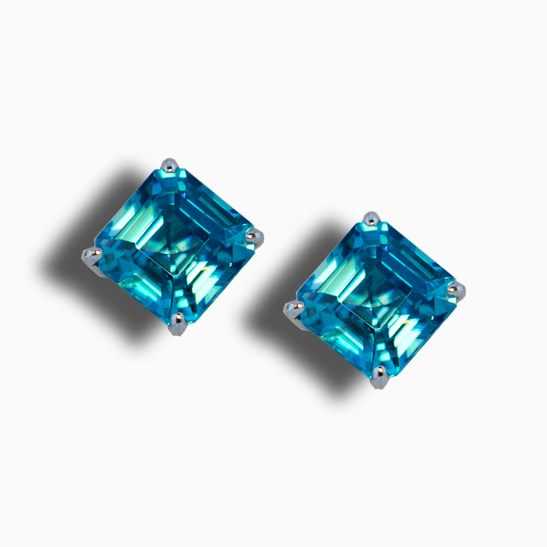 Asscher Cut Blue Zircon Platinum Earrings
