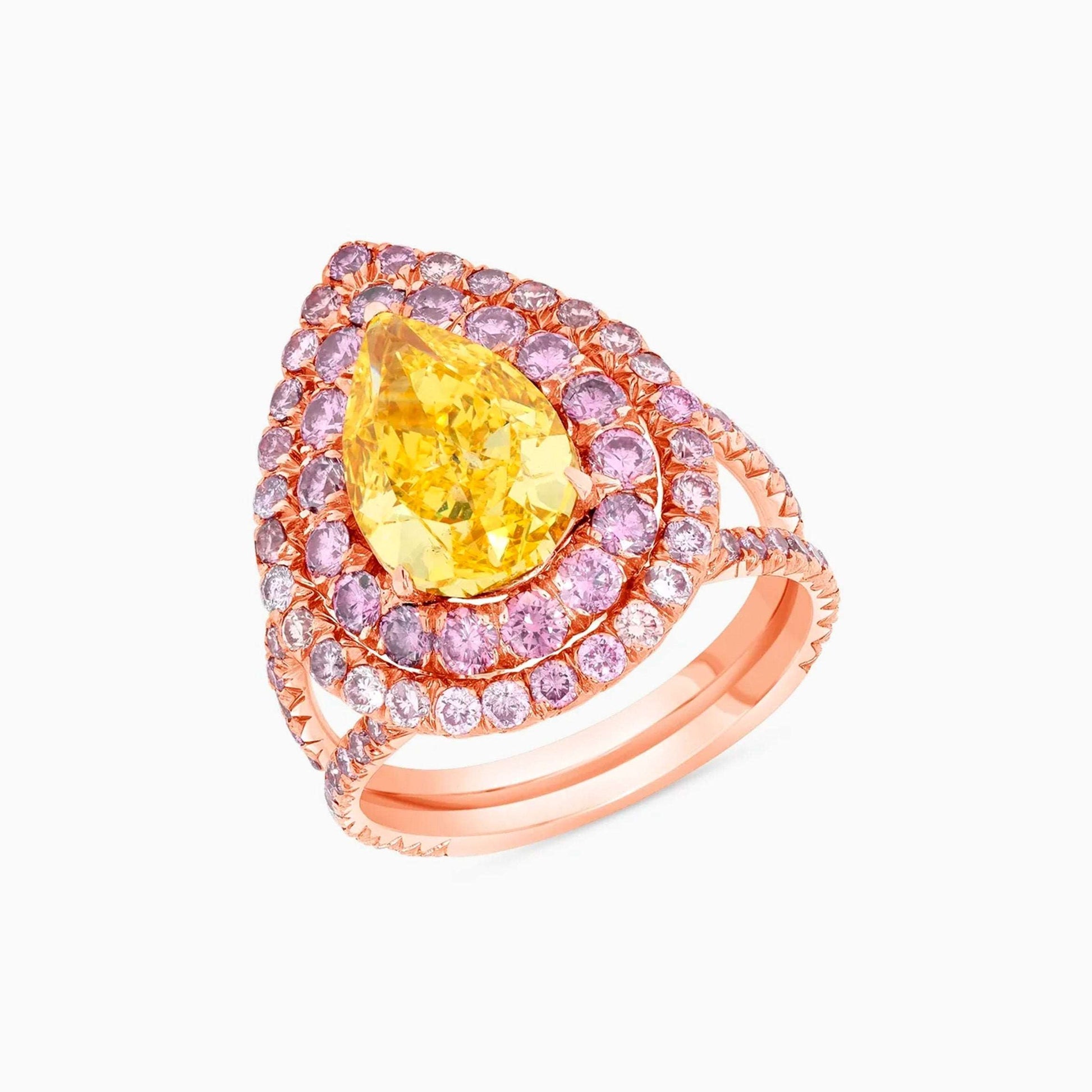 Vivid Yellow & Pink Diamond Rose Gold Ring on a white background