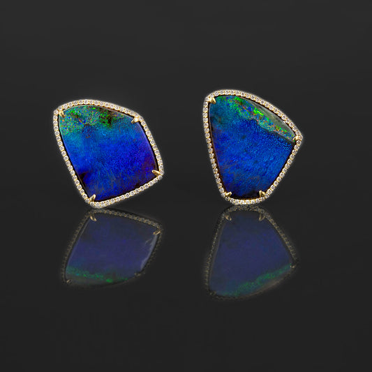 Enigma Boulder Black Opal Gold Earrings