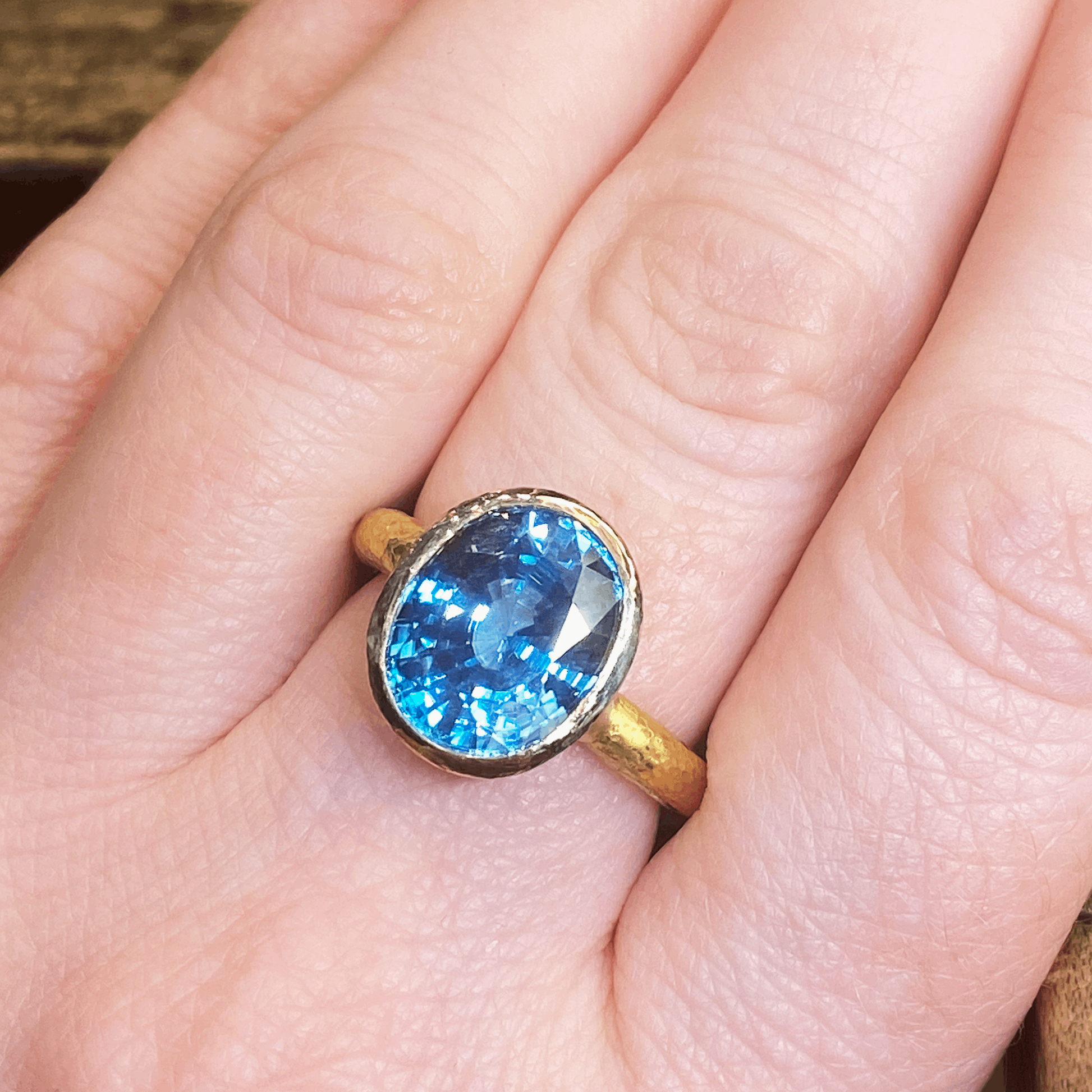 Model Wearing Blue Zircon Gold Ring