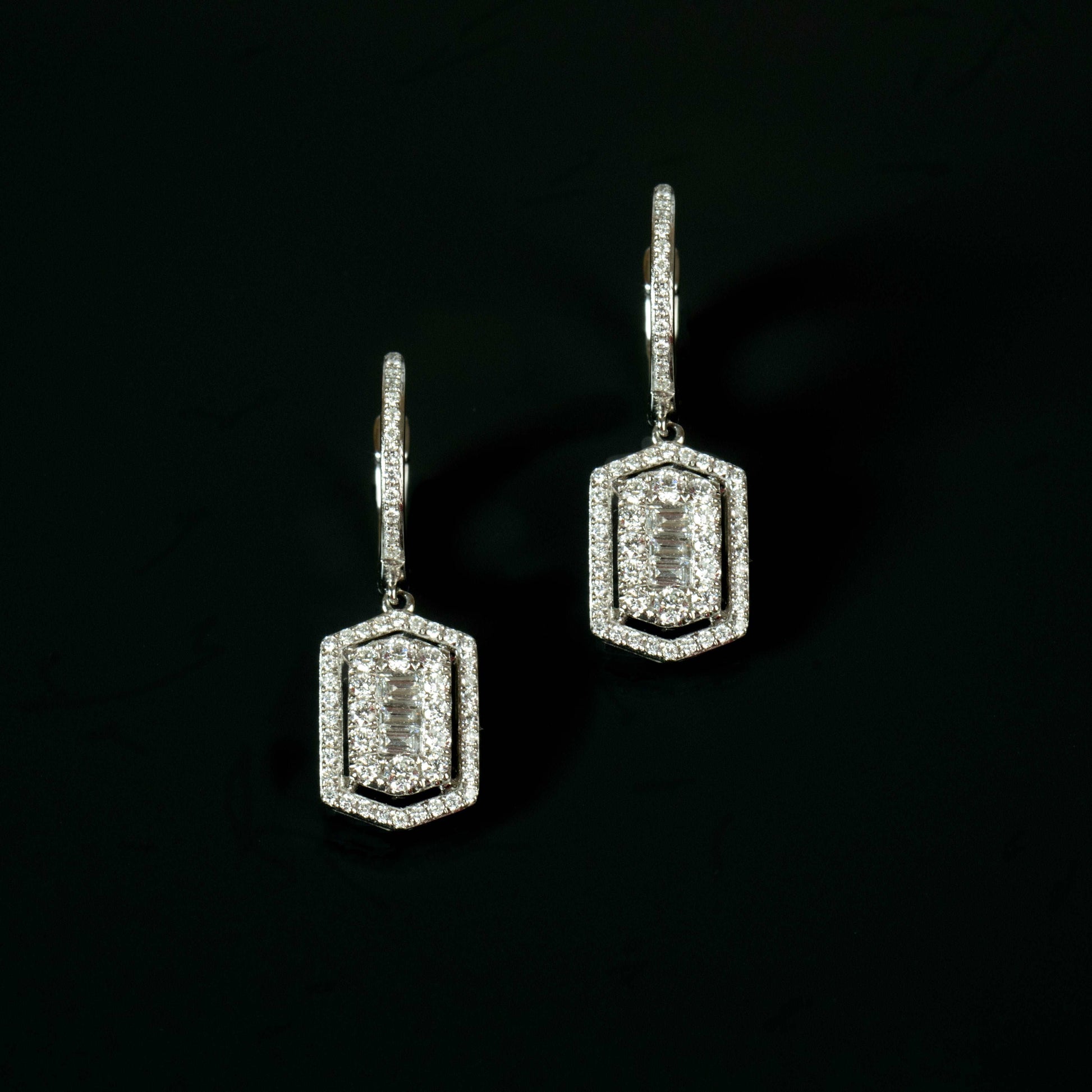 Diamond Deco Drop Earrings on a black background