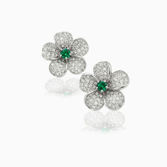 Emerald & Pave Diamonds White Gold Stud Earrings