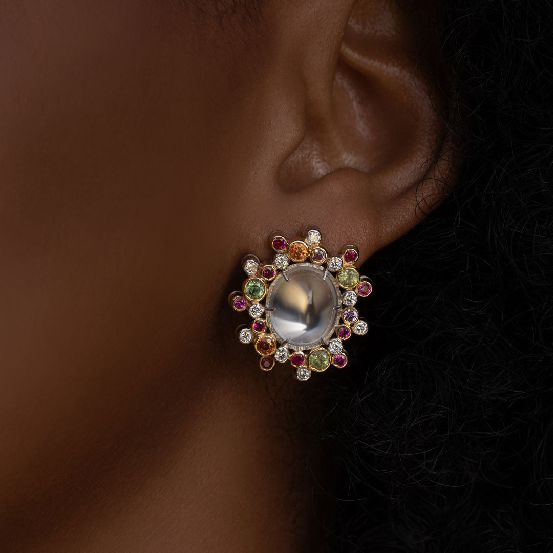 Moonstone, Sapphire, Garnet, Diamond Gold & Platinum Earrings