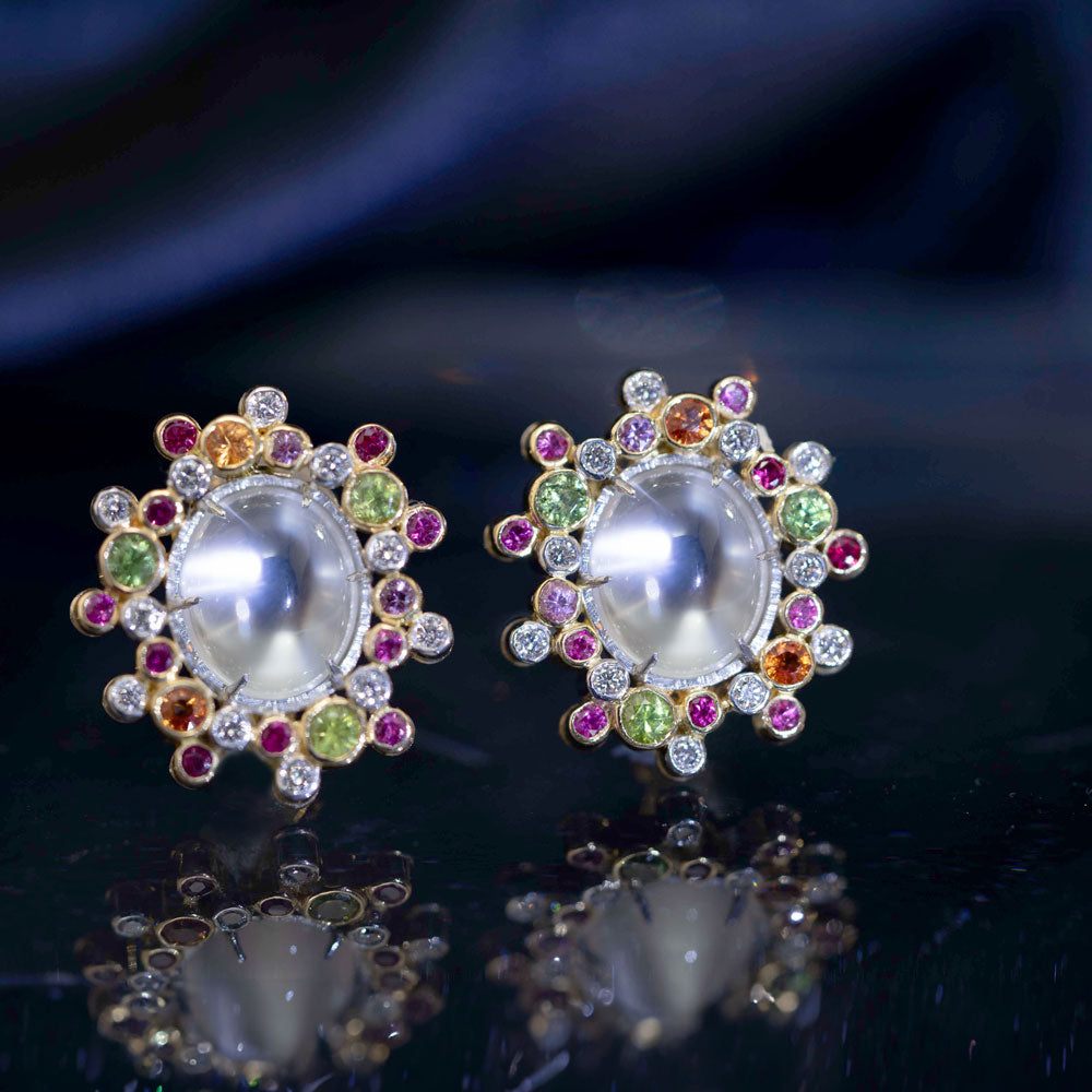 Moonstone, Sapphire, Garnet, Diamond Gold & Platinum Earrings