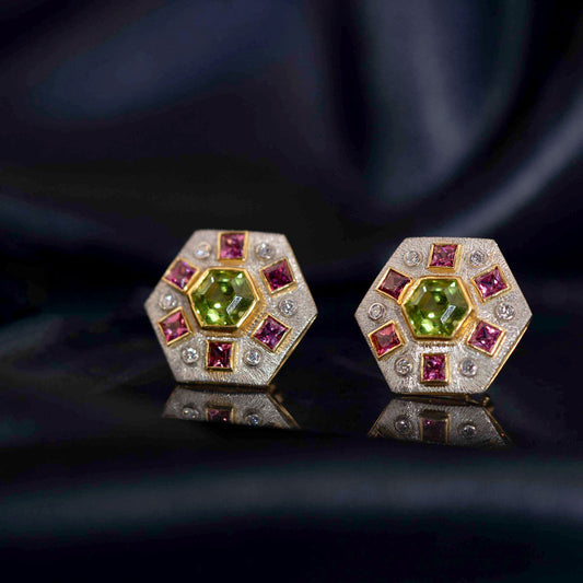 Peridot & Pink Spinel Platinum Earrings