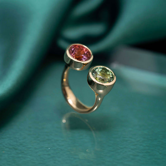 Toi et Moi Pink & Green Tourmaline Yellow Gold Ring