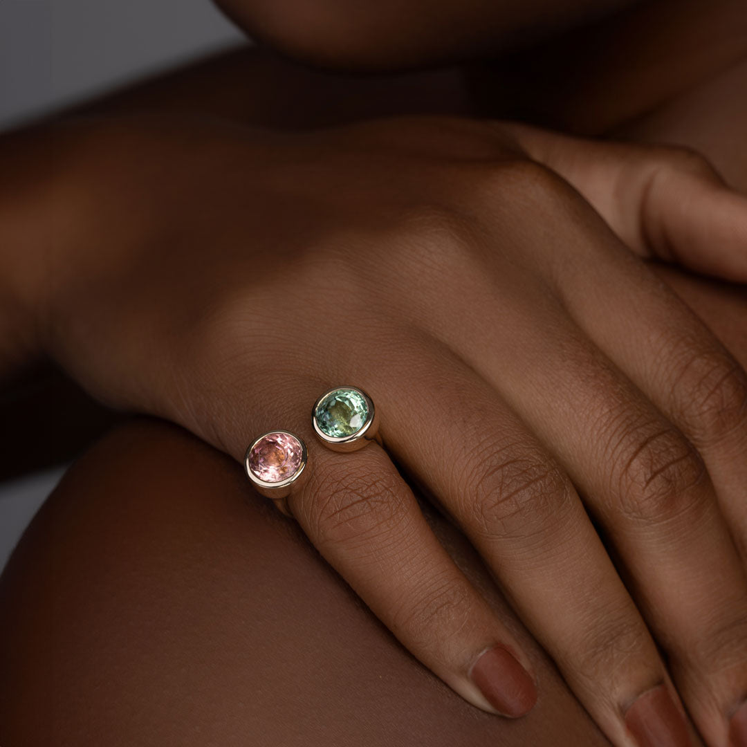 Toi et Moi Pink & Green Tourmaline Yellow Gold Ring