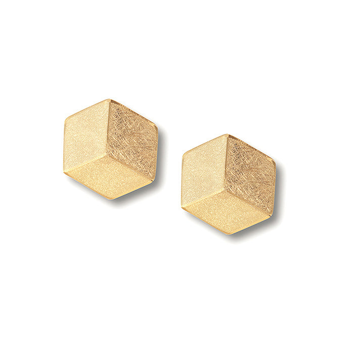 Two hexagon shaped earrings reminiscent of a 3D cube, gold-plated.