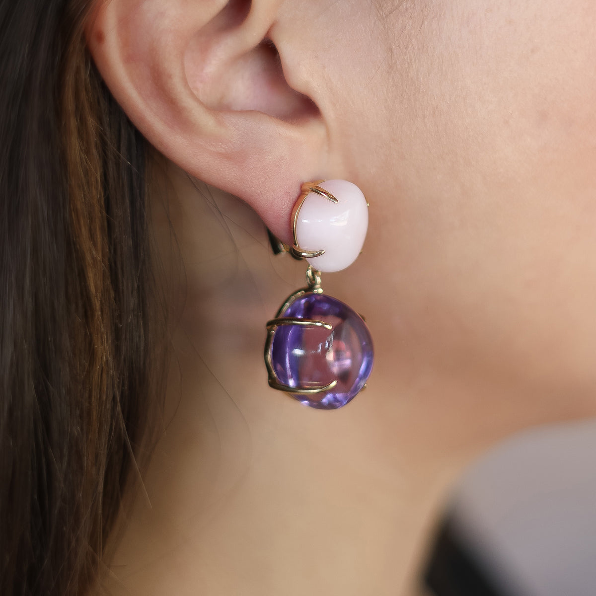 Pink Opal and Amethyst Drop Earrings