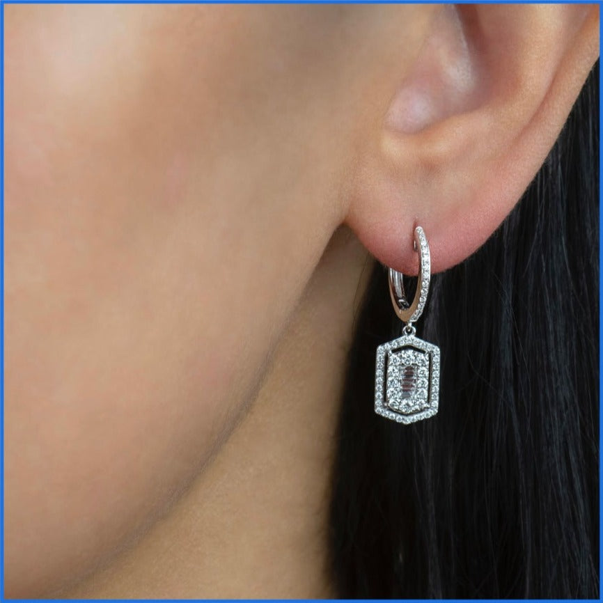 Model Wearing Diamond Deco Drop Earrings