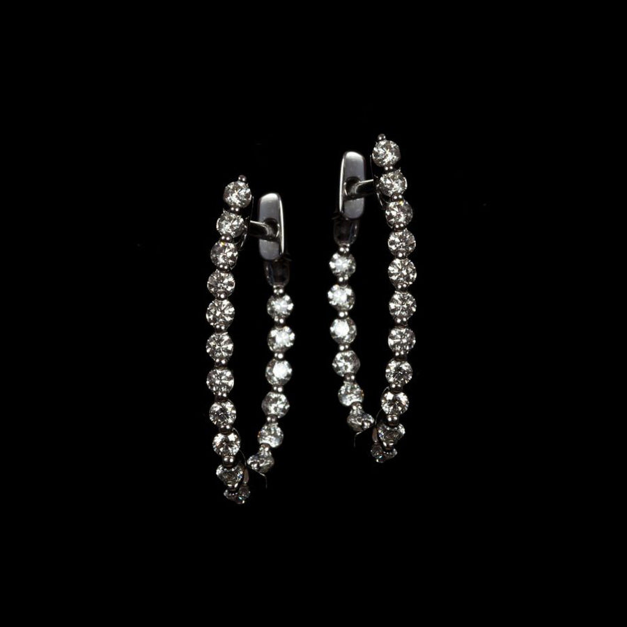 Long Single Row Diamond Hoop Earrings in 18k White Gold