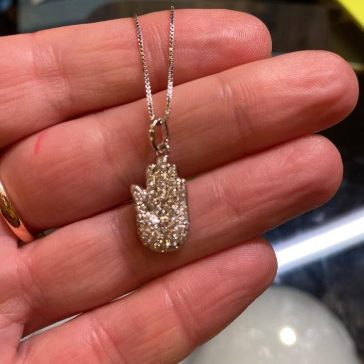 Hamsa (Hand of God) Champagne Diamond Pave Necklace on a white background